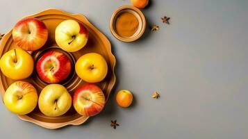 tradizionale cibo di ebraico nuovo anno vacanza di tradizione o religione. Rosh hashanah con copia spazio concetto di ai generato foto