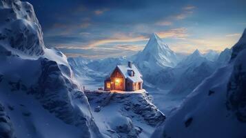 fantasia nevoso paesaggio con un' castello. inverno Casa su il montagna, generativo ai foto