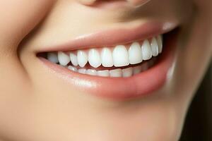 Perfetto salutare denti Sorridi di un' giovane donna a un' dentista. denti sbiancamento. dentale cura, stomatologia concetto di ai generato foto