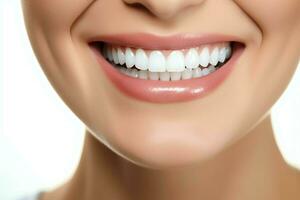 Perfetto salutare denti Sorridi di un' giovane donna a un' dentista. denti sbiancamento. dentale cura, stomatologia concetto di ai generato foto