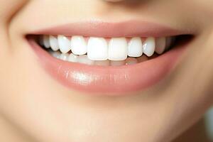 Perfetto salutare denti Sorridi di un' giovane donna a un' dentista. denti sbiancamento. dentale cura, stomatologia concetto di ai generato foto