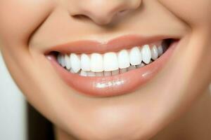 Perfetto salutare denti Sorridi di un' giovane donna a un' dentista. denti sbiancamento. dentale cura, stomatologia concetto di ai generato foto