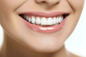 Perfetto salutare denti Sorridi di un' giovane donna a un' dentista. denti sbiancamento. dentale cura, stomatologia concetto di ai generato foto