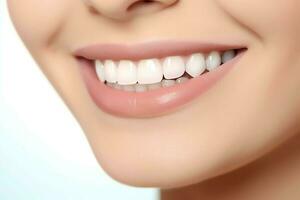 Perfetto salutare denti Sorridi di un' giovane donna a un' dentista. denti sbiancamento. dentale cura, stomatologia concetto di ai generato foto