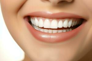 Perfetto salutare denti Sorridi di un' giovane donna a un' dentista. denti sbiancamento. dentale cura, stomatologia concetto di ai generato foto