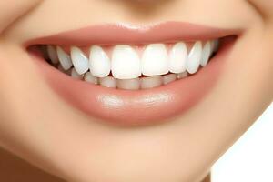 Perfetto salutare denti Sorridi di un' giovane donna a un' dentista. denti sbiancamento. dentale cura, stomatologia concetto di ai generato foto