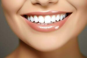 Perfetto salutare denti Sorridi di un' giovane donna a un' dentista. denti sbiancamento. dentale cura, stomatologia concetto di ai generato foto