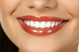 Perfetto salutare denti Sorridi di un' giovane donna a un' dentista. denti sbiancamento. dentale cura, stomatologia concetto di ai generato foto