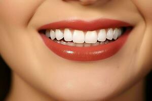 Perfetto salutare denti Sorridi di un' giovane donna a un' dentista. denti sbiancamento. dentale cura, stomatologia concetto di ai generato foto