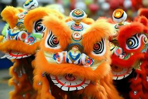 Drago o Leone danza mostrare barongsai nel celebrazione Cinese lunare nuovo anno Festival. asiatico tradizionale concetto di ai generato foto