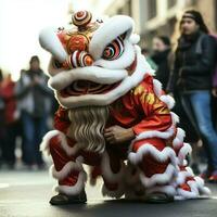 Drago o Leone danza mostrare barongsai nel celebrazione Cinese lunare nuovo anno Festival. asiatico tradizionale concetto di ai generato foto