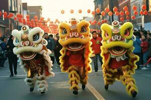 Drago o Leone danza mostrare barongsai nel celebrazione Cinese lunare nuovo anno Festival. asiatico tradizionale concetto di ai generato foto