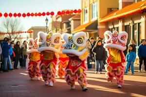 Drago o Leone danza mostrare barongsai nel celebrazione Cinese lunare nuovo anno Festival. asiatico tradizionale concetto di ai generato foto