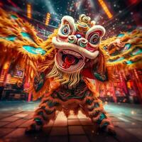 Drago o Leone danza mostrare barongsai nel celebrazione Cinese lunare nuovo anno Festival. asiatico tradizionale concetto di ai generato foto