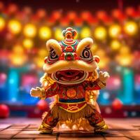 Drago o Leone danza mostrare barongsai nel celebrazione Cinese lunare nuovo anno Festival. asiatico tradizionale concetto di ai generato foto