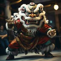 Drago o Leone danza mostrare barongsai nel celebrazione Cinese lunare nuovo anno Festival. asiatico tradizionale concetto di ai generato foto