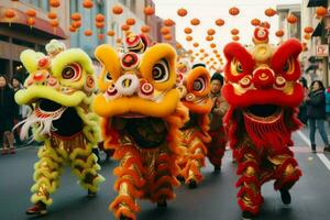 Drago o Leone danza mostrare barongsai nel celebrazione Cinese lunare nuovo anno Festival. asiatico tradizionale concetto di ai generato foto