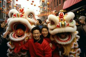 Drago o Leone danza mostrare barongsai nel celebrazione Cinese lunare nuovo anno Festival. asiatico tradizionale concetto di ai generato foto