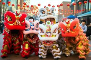 Drago o Leone danza mostrare barongsai nel celebrazione Cinese lunare nuovo anno Festival. asiatico tradizionale concetto di ai generato foto