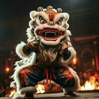 Drago o Leone danza mostrare barongsai nel celebrazione Cinese lunare nuovo anno Festival. asiatico tradizionale concetto di ai generato foto