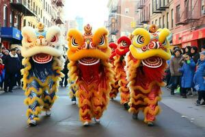 Drago o Leone danza mostrare barongsai nel celebrazione Cinese lunare nuovo anno Festival. asiatico tradizionale concetto di ai generato foto