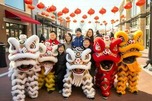 Drago o Leone danza mostrare barongsai nel celebrazione Cinese lunare nuovo anno Festival. asiatico tradizionale concetto di ai generato foto