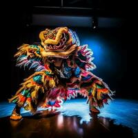 Drago o Leone danza mostrare barongsai nel celebrazione Cinese lunare nuovo anno Festival. asiatico tradizionale concetto di ai generato foto