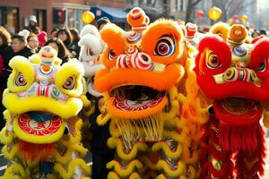 Drago o Leone danza mostrare barongsai nel celebrazione Cinese lunare nuovo anno Festival. asiatico tradizionale concetto di ai generato foto