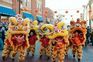 Drago o Leone danza mostrare barongsai nel celebrazione Cinese lunare nuovo anno Festival. asiatico tradizionale concetto di ai generato foto