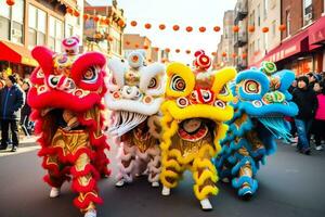 Drago o Leone danza mostrare barongsai nel celebrazione Cinese lunare nuovo anno Festival. asiatico tradizionale concetto di ai generato foto