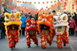 Drago o Leone danza mostrare barongsai nel celebrazione Cinese lunare nuovo anno Festival. asiatico tradizionale concetto di ai generato foto