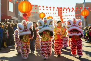 Drago o Leone danza mostrare barongsai nel celebrazione Cinese lunare nuovo anno Festival. asiatico tradizionale concetto di ai generato foto