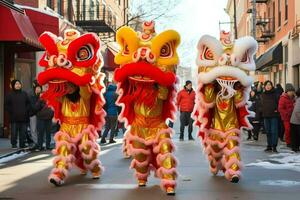 Drago o Leone danza mostrare barongsai nel celebrazione Cinese lunare nuovo anno Festival. asiatico tradizionale concetto di ai generato foto