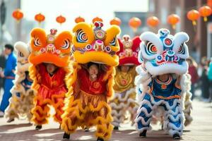 Drago o Leone danza mostrare barongsai nel celebrazione Cinese lunare nuovo anno Festival. asiatico tradizionale concetto di ai generato foto