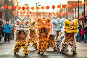 Drago o Leone danza mostrare barongsai nel celebrazione Cinese lunare nuovo anno Festival. asiatico tradizionale concetto di ai generato foto