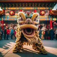 Drago o Leone danza mostrare barongsai nel celebrazione Cinese lunare nuovo anno Festival. asiatico tradizionale concetto di ai generato foto