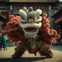 Drago o Leone danza mostrare barongsai nel celebrazione Cinese lunare nuovo anno Festival. asiatico tradizionale concetto di ai generato foto