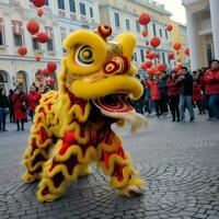 Drago o Leone danza mostrare barongsai nel celebrazione Cinese lunare nuovo anno Festival. asiatico tradizionale concetto di ai generato foto