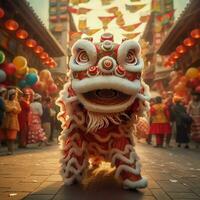 Drago o Leone danza mostrare barongsai nel celebrazione Cinese lunare nuovo anno Festival. asiatico tradizionale concetto di ai generato foto