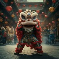 Drago o Leone danza mostrare barongsai nel celebrazione Cinese lunare nuovo anno Festival. asiatico tradizionale concetto di ai generato foto