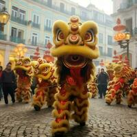 Drago o Leone danza mostrare barongsai nel celebrazione Cinese lunare nuovo anno Festival. asiatico tradizionale concetto di ai generato foto