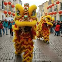 Drago o Leone danza mostrare barongsai nel celebrazione Cinese lunare nuovo anno Festival. asiatico tradizionale concetto di ai generato foto