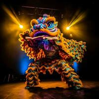 Drago o Leone danza mostrare barongsai nel celebrazione Cinese lunare nuovo anno Festival. asiatico tradizionale concetto di ai generato foto