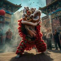 Drago o Leone danza mostrare barongsai nel celebrazione Cinese lunare nuovo anno Festival. asiatico tradizionale concetto di ai generato foto