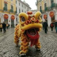 Drago o Leone danza mostrare barongsai nel celebrazione Cinese lunare nuovo anno Festival. asiatico tradizionale concetto di ai generato foto