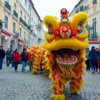 Drago o Leone danza mostrare barongsai nel celebrazione Cinese lunare nuovo anno Festival. asiatico tradizionale concetto di ai generato foto