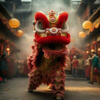 Drago o Leone danza mostrare barongsai nel celebrazione Cinese lunare nuovo anno Festival. asiatico tradizionale concetto di ai generato foto