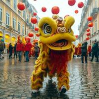 Drago o Leone danza mostrare barongsai nel celebrazione Cinese lunare nuovo anno Festival. asiatico tradizionale concetto di ai generato foto