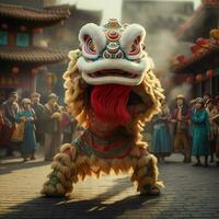 Drago o Leone danza mostrare barongsai nel celebrazione Cinese lunare nuovo anno Festival. asiatico tradizionale concetto di ai generato foto