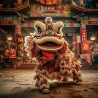 Drago o Leone danza mostrare barongsai nel celebrazione Cinese lunare nuovo anno Festival. asiatico tradizionale concetto di ai generato foto